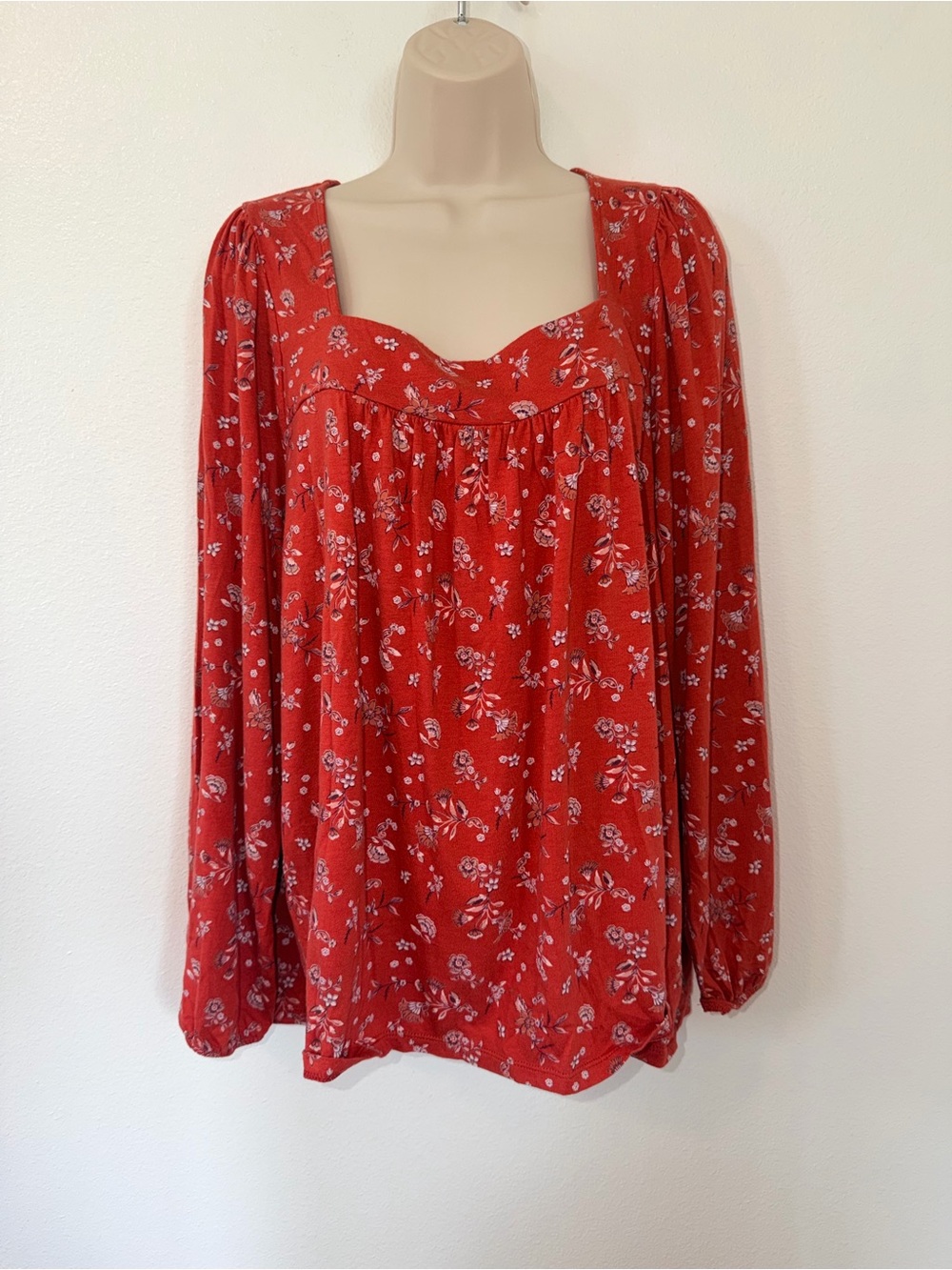 Lucky Brand Red Floral Square-Neck Blouse